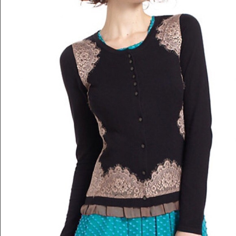 Anthropologie Black Sweater with Beige Lace Trim